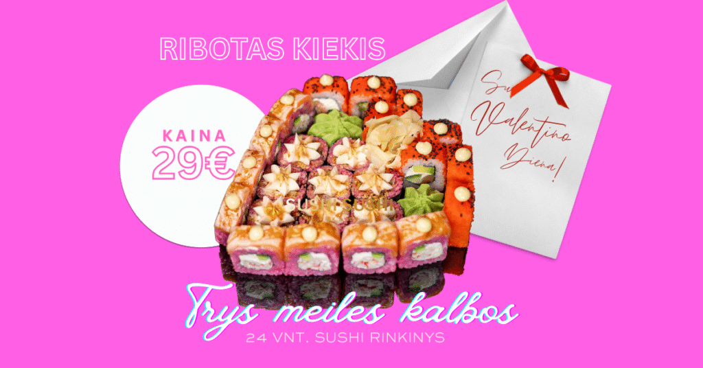 Valentino dienos sushi rinkinys – 24 gabalėliai su lašiša, krevetėmis ir surimi, patiekti ant elegantiško padėklo. Tobula idėja romantiškai vakarienei dviems.