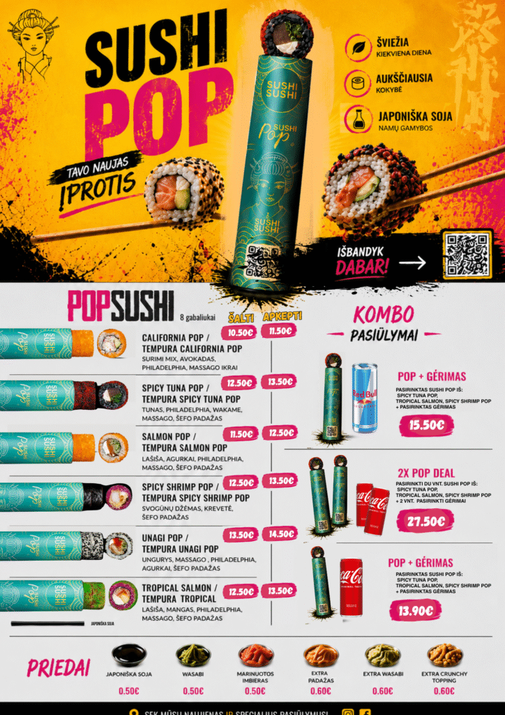 Sushi pop meniu - naujas Tavo įprotis. Sushi su unguriu, sushi su lašiša ir kiti - nauju formatu. Išbandyk naujienas jau dabar Vilniuje. Sushi įvairiausiuose rajonuose - šeškinėje, perkunkiemyje, avižieniuose, salininkuose, pilaitėje, bukiškyje.